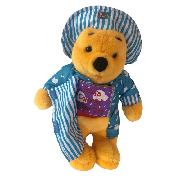 Vtg Winnie The Pooh Bear Read N Cuddle Toy Plush Blue Raincoat Colorful Day Book - Picture 2 of 14